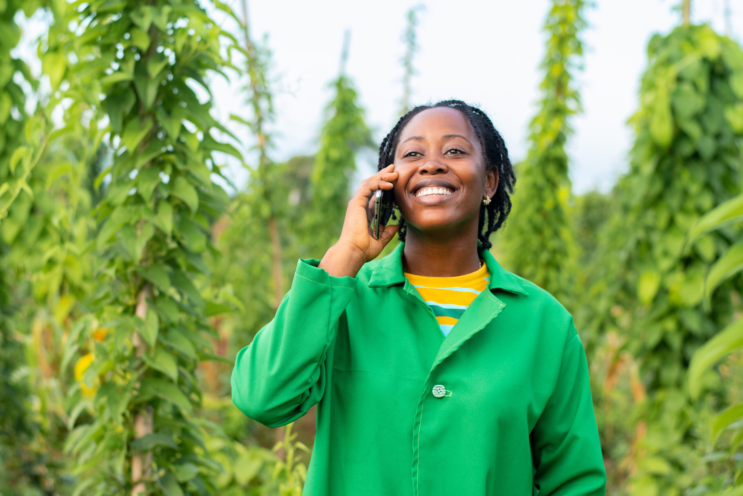 agricultrice africaine dans ses plantations discutant au téléphone